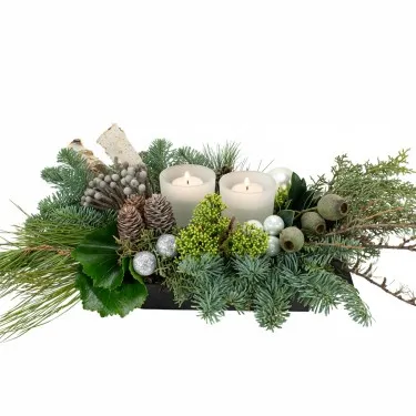 Kerstuk Candlelight: wit voor 49,95